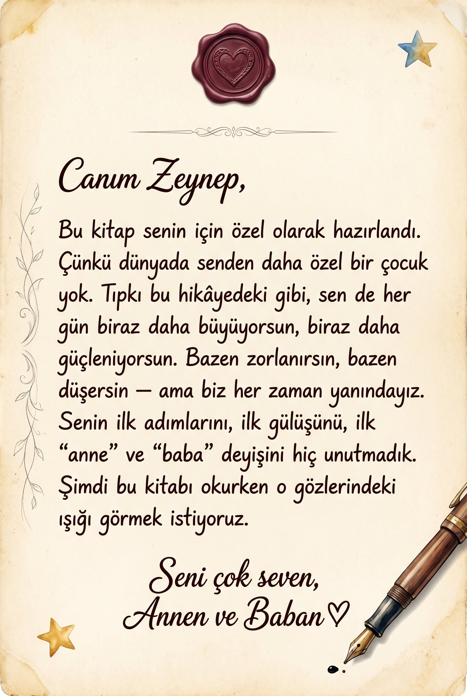 Zeynep'in doğum günü için özel yazılmış sevgi dolu ithaf sayfası — kişiselleştirilmiş hediye notu