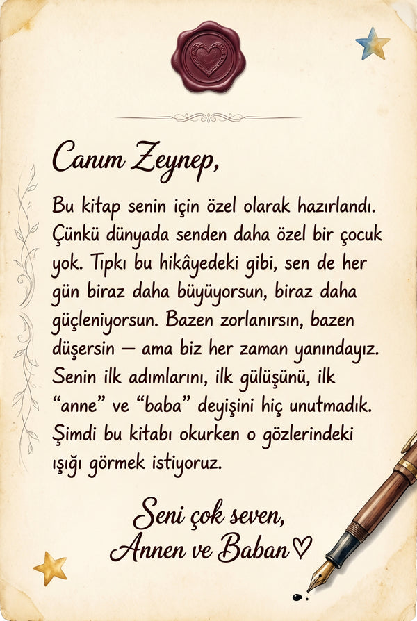 Zeynep'in doğum günü için özel yazılmış sevgi dolu ithaf sayfası — kişiselleştirilmiş hediye notu