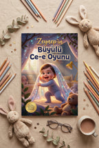 Yumuşacık bir yatak üzerinde duran Zeynep'in Büyülü Ce-e Oyunu bebek hikaye kitabı, oyuncak ayı ile birlikte