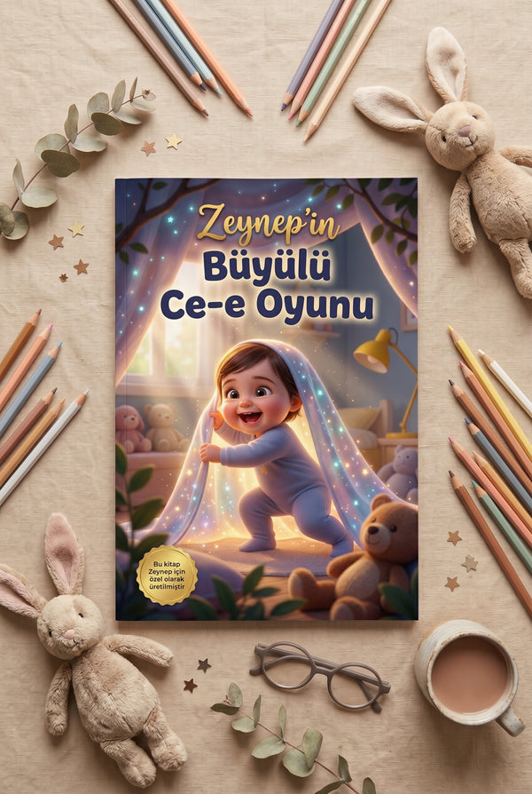 Yumuşacık bir yatak üzerinde duran Zeynep'in Büyülü Ce-e Oyunu bebek hikaye kitabı, oyuncak ayı ile birlikte
