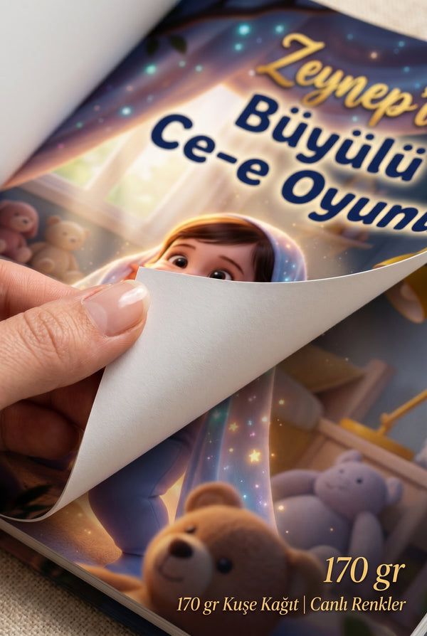 Kişiye özel isimli çocuk kitabının yüksek çözünürlüklü A4 sayfaları ve canlı baskı kalitesi yakından görünümü